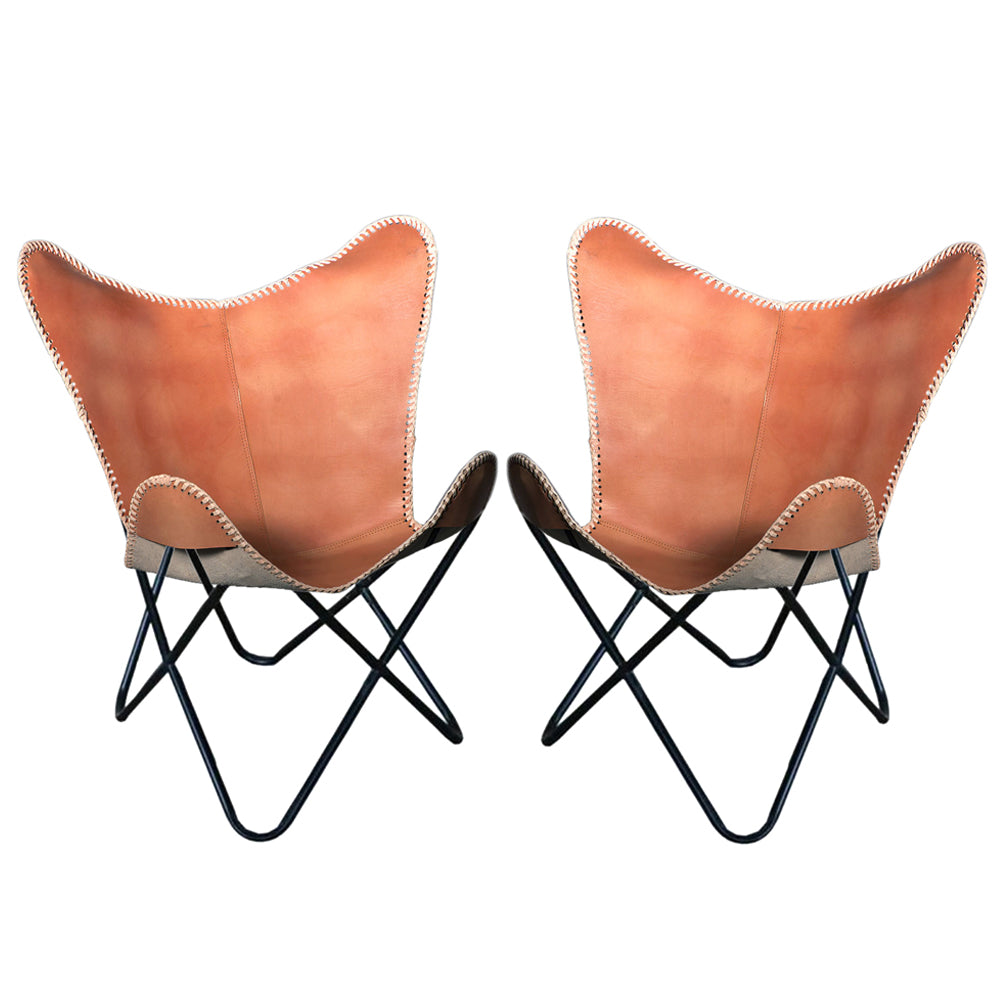 Hilason Genuine Leather Butterfly Chair Folding Lounge Modern Sling Accent Seat Natural Tan