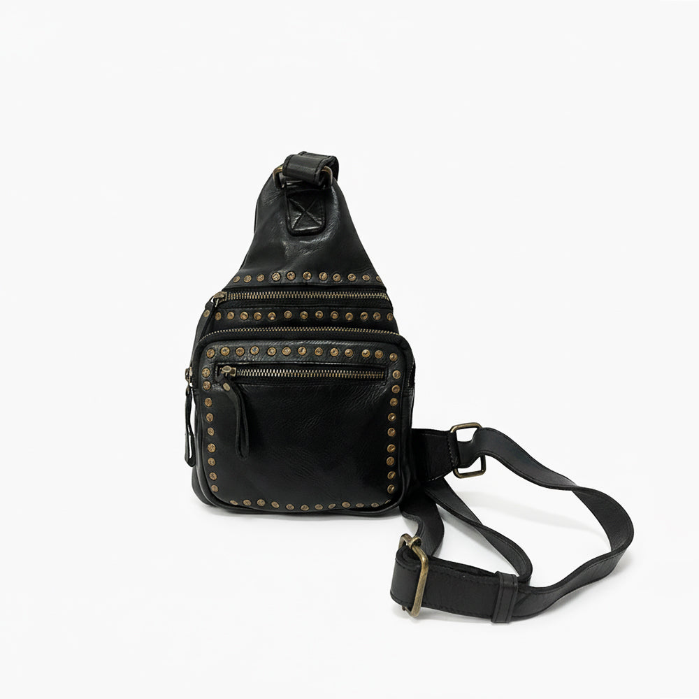 Spaghetti Western Hand-Dyed Black Leather Sling Bag Premium European Cowhide Crossbody Vintage Studded Tactical Chest Pack