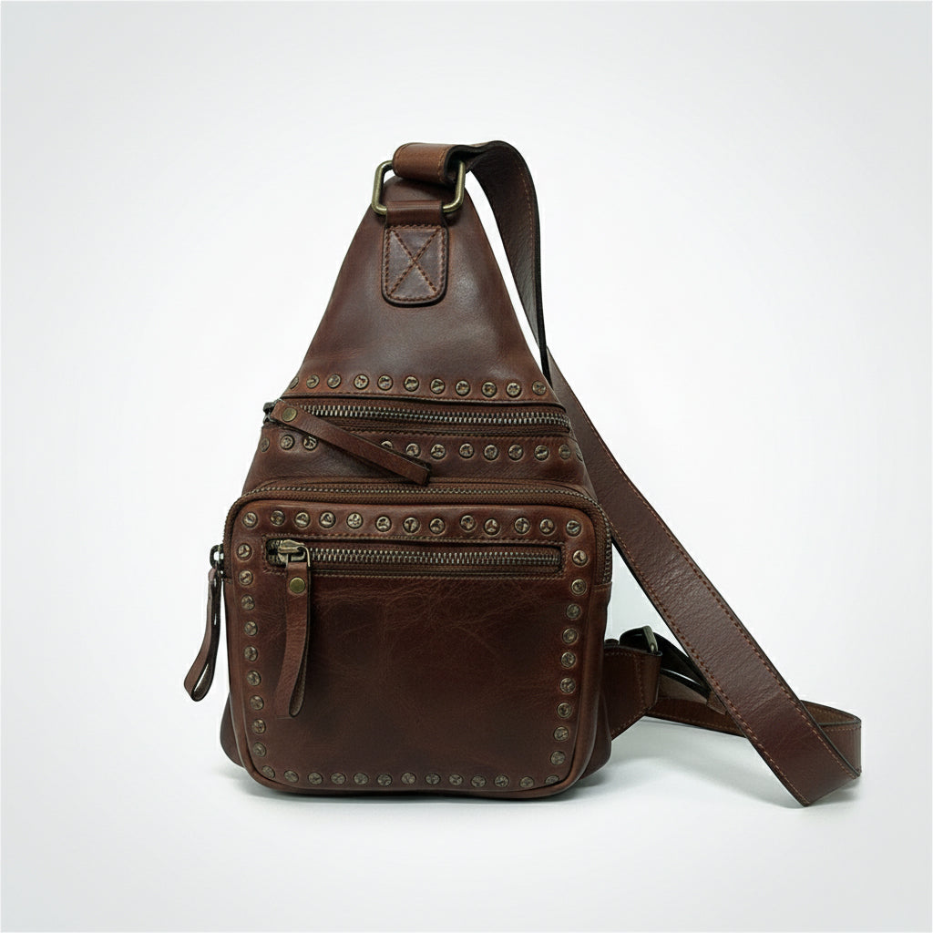 Spaghetti Western Hand-Dyed Brown Leather Sling Bag Premium European Cowhide Crossbody Vintage Studded Tactical Chest Pack