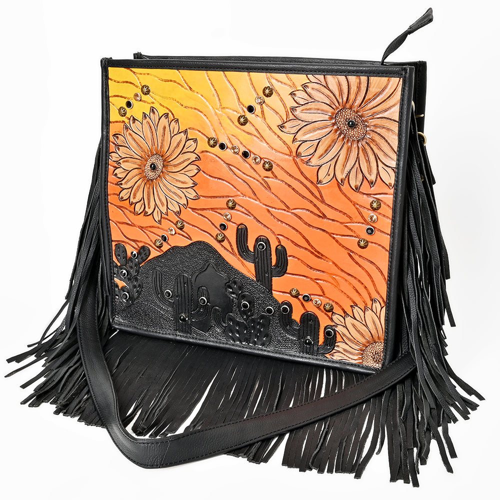AMERICAN DARLING Artisan Hand-Tooled Leather Crossbody Bag Cactus Sunflower Art