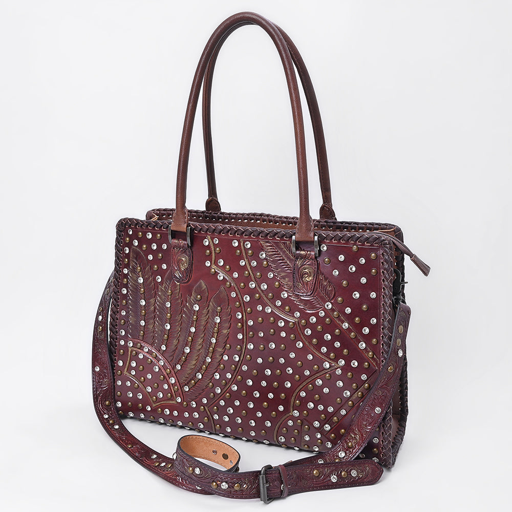 American Darling Women's Tote Western Hand Tooled Genuine Leather Handbag with Rivets