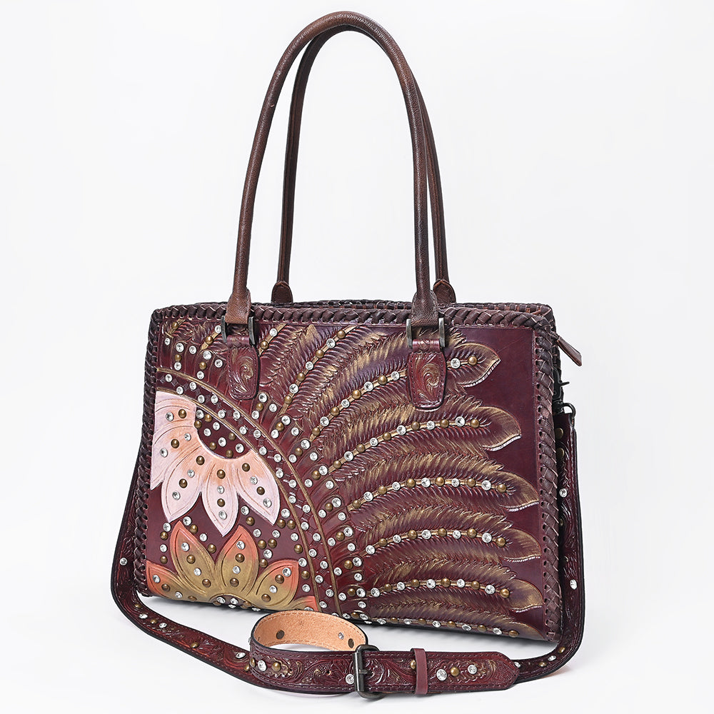 American Darling Women's Tote Western Hand Tooled Genuine Leather Handbag with Rivets
