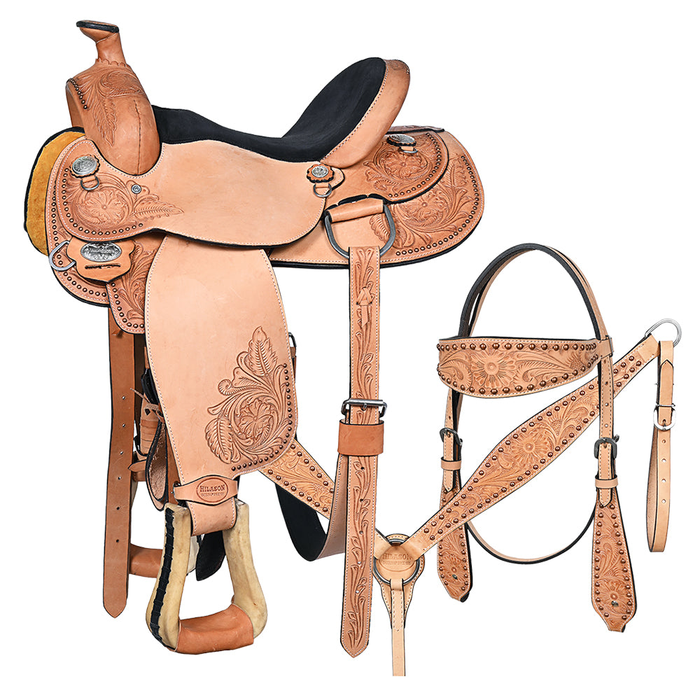 HILASON Western American Leather Hand Carved Horse Saddle Ranch Roping Cowboy With Headstall & Breast Collar Set Floral Tan