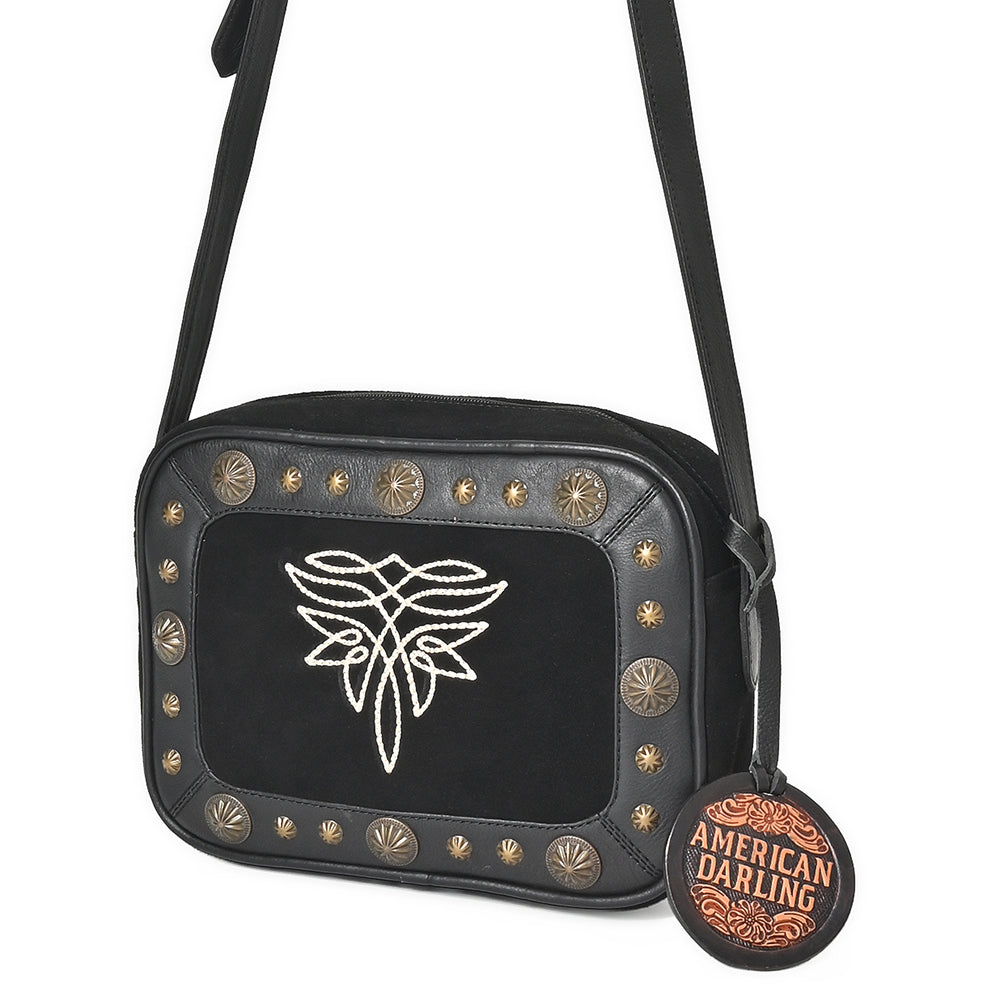 American Darling Black Suede Crossbody Camera Bag Embroidered Western Design