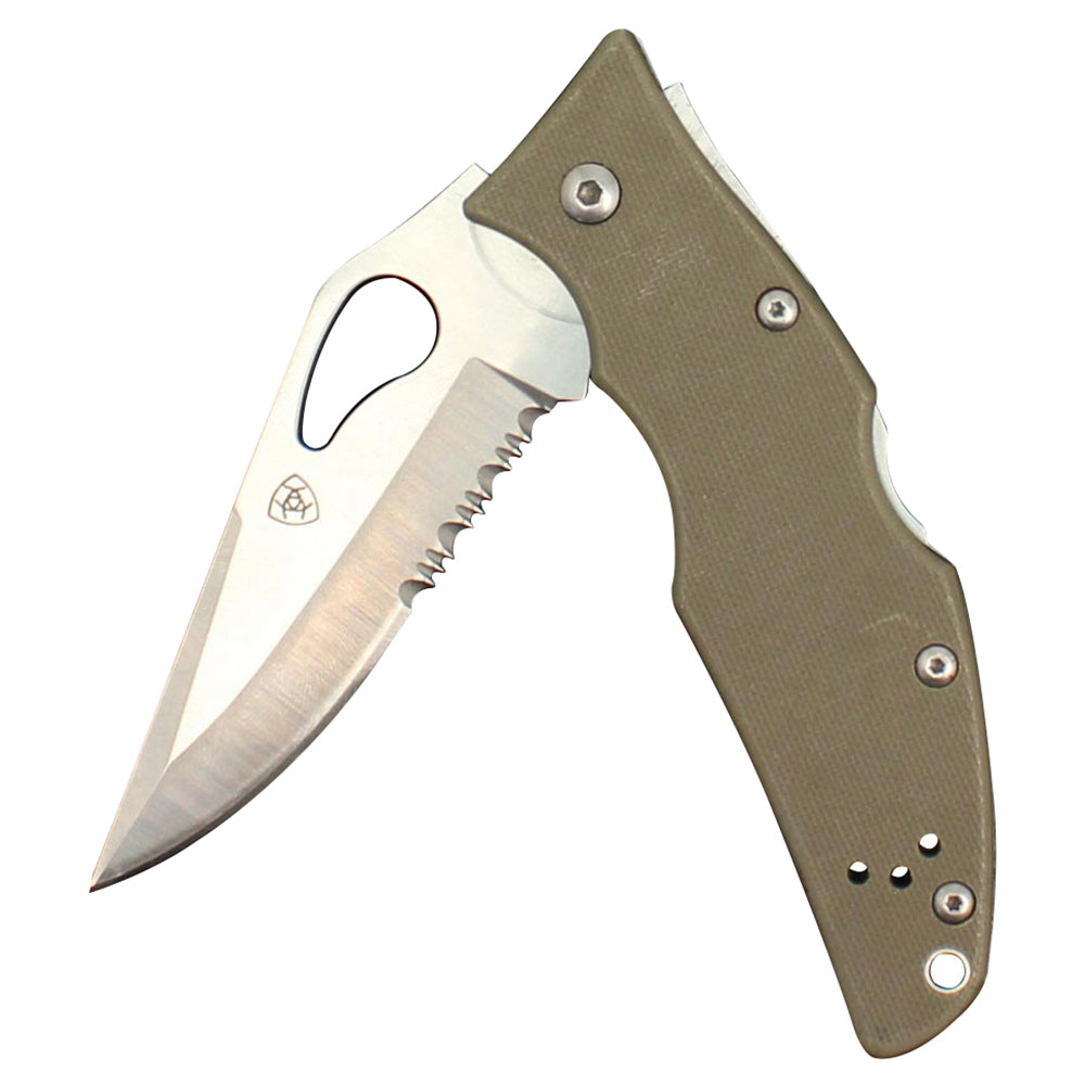 Ariat Folding Integrated Serrated Plain Edge Blade Pocket Knife Olive