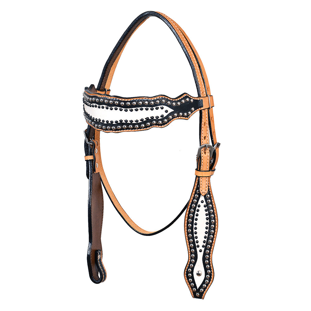 HILASON Western Horse Headstall Tack Genuine American Leather Tan W/ Black & White