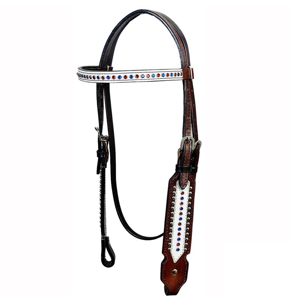 HILASON Western Horse Headstall Tack Genuine American Leather Dark Brown W/ Red & Blue Studded Rhinestones