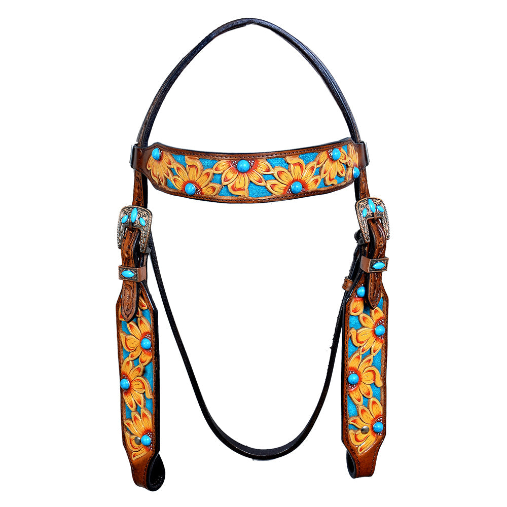 HILASON Western Horse Leather Headstall & Breast Collar Set Brown Sunflower