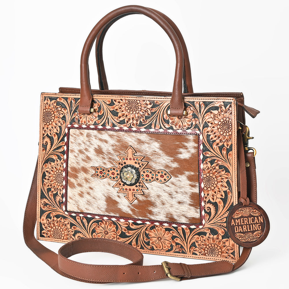 AMERICAN DARLING Tooled Leather & Cowhide Satchel Bag Hand-Carved Floral Border