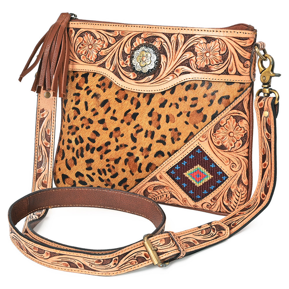AMERICAN DARLING Tooled Leather & Cheetah Cowhide Crossbody Bag Floral Carving