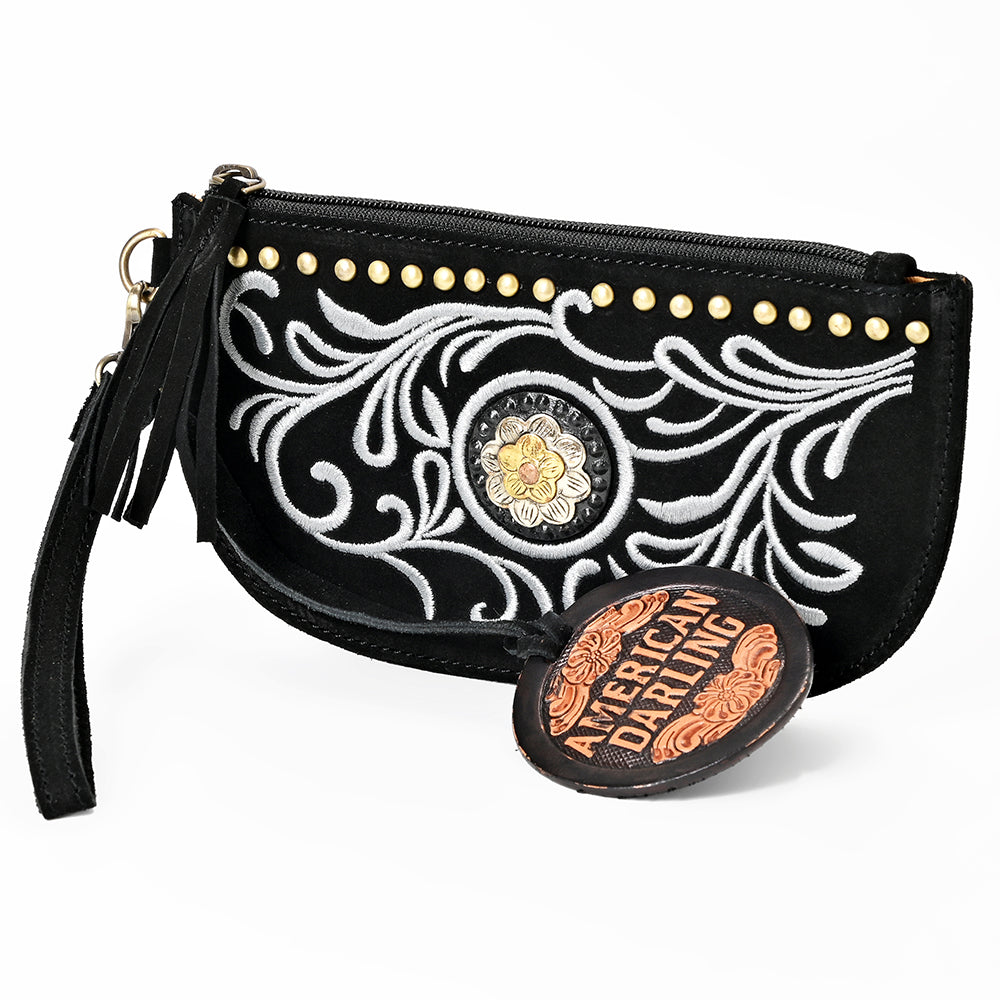 American Darling Genuine Suede Leather Western Wristlet Clutch Floral Scroll