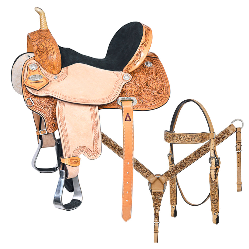 Tan HILASON Western Horse Saddle American Leather Barrel Flex Tree Trail