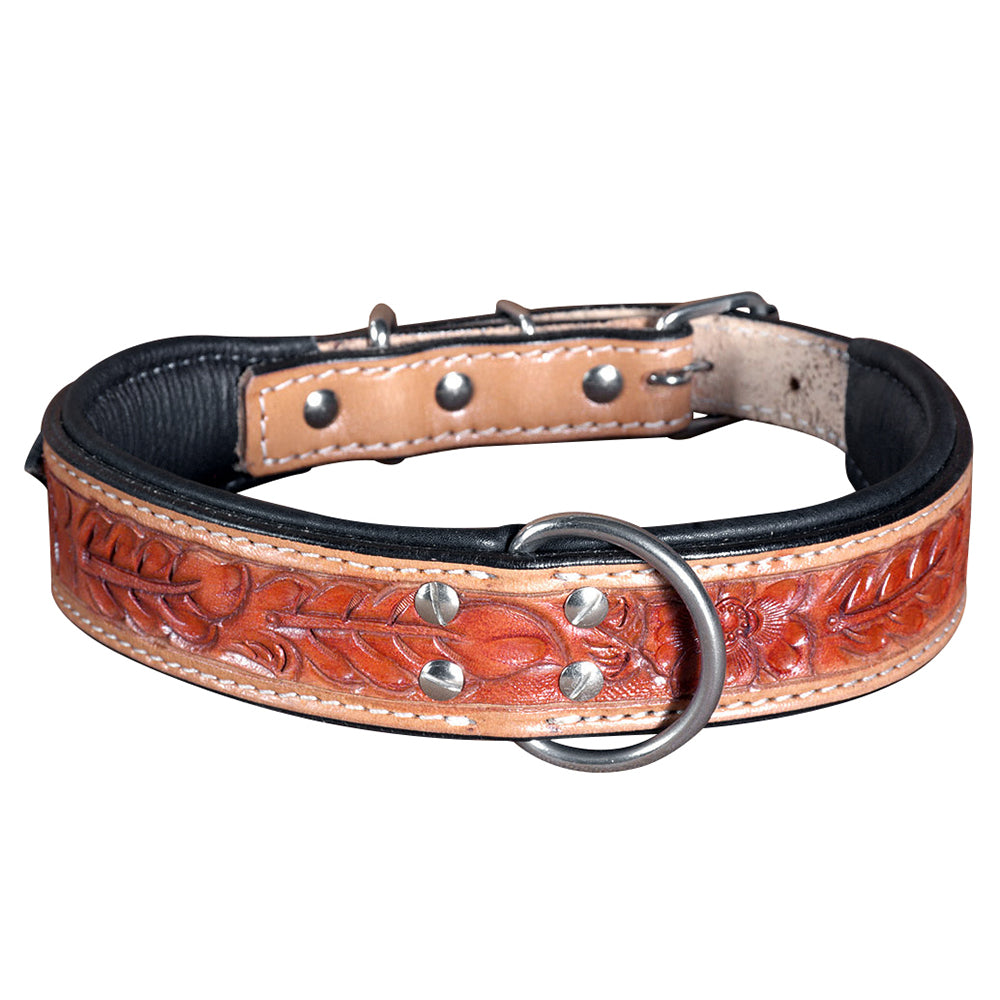 HILASON Heavy Duty Genuine Leather Dog Collar Floral Carving Tan | Leather Dog Collar | Western Dog Collar | Leather Collar for Dogs | Comfortable Dog Collar