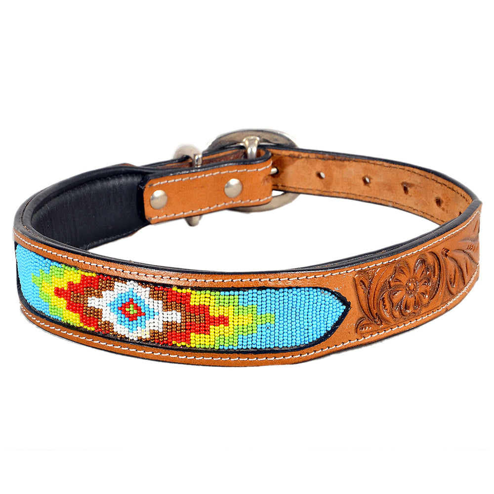 HILASON Western Style Beaded Hand Tooled American Leather Pet Dog Collar