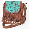 American Darling Cross body Bag Western Hand Tooled Floral Genuine Leather Purse with Fringes and YKK Zipper