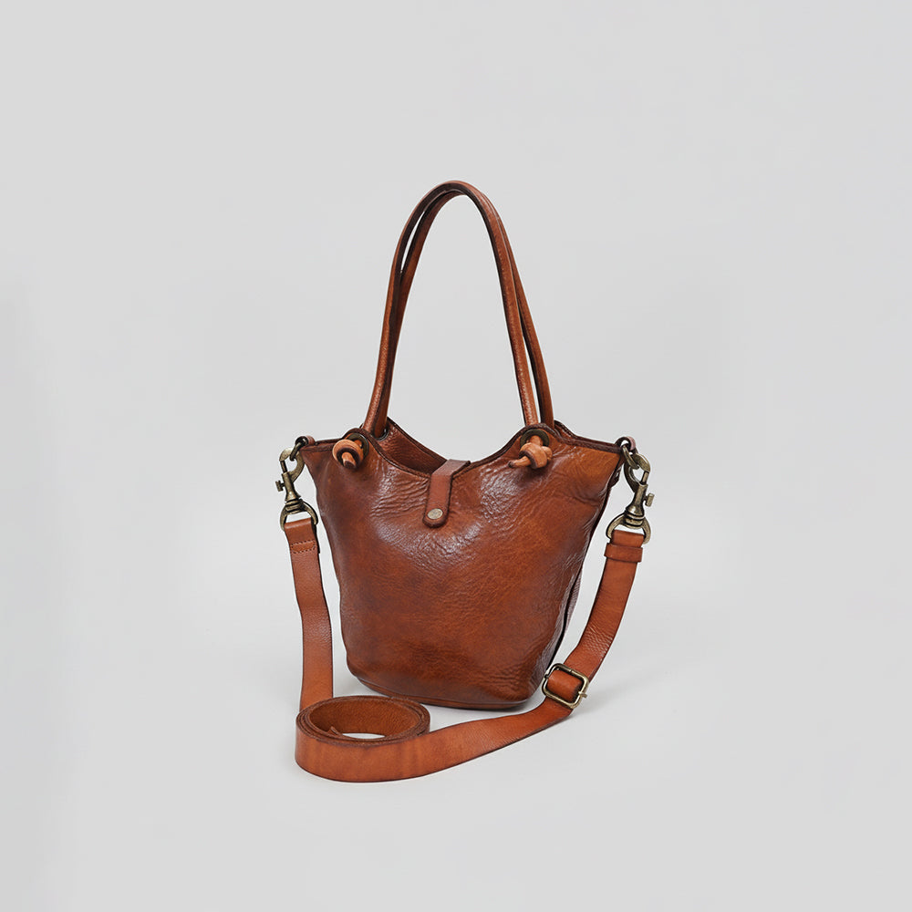 Spaghetti Western Full Grain Leather Bucket Shoulder Bag for Women Small Crossbody Tote with Magnetic Closure YKK Zipper