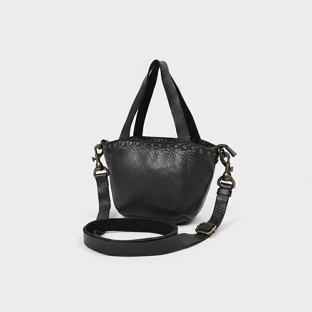 Spaghetti Western Mini Full Grain Leather Tote Bag for Women Small Bucket Style Handbag with YKK Zipper Rivet Detail