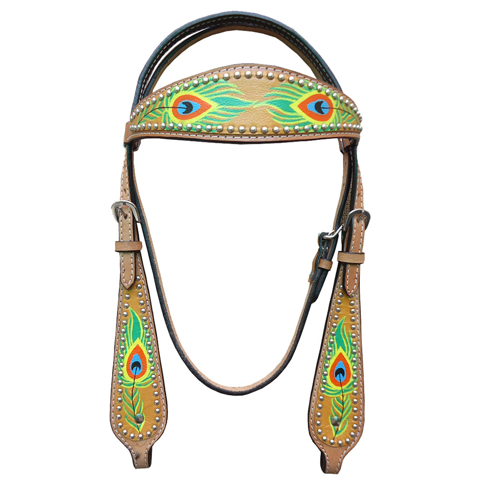 HILASON Western Horse Headstall Tack Genuine American Leather Tan Peacock Feather Printed