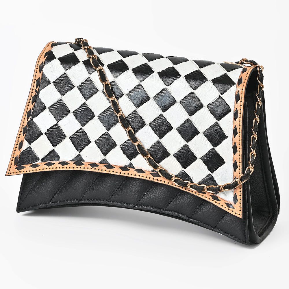 OHLAY High Fashion Checkered Flap Quilted Leather Crossbody Bag Black & White