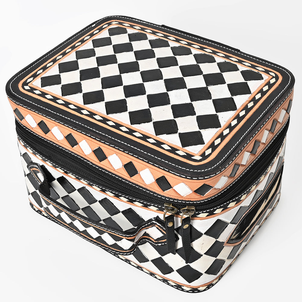 OHLAY Checkered Top Grain Leather Jewelry Box Case Bag Hand-Painted Black White