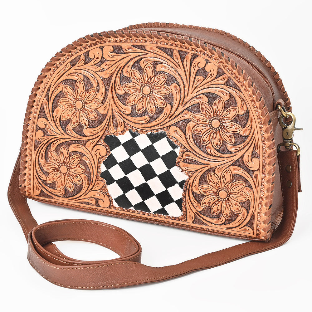 OHLAY Hand-Tooled Leather Crossbody Bag Checkered Cowhide Inlay Floral Carving