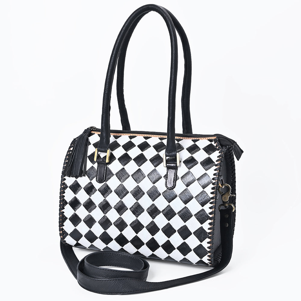 OHLAY High-Contrast Checkered Top Grain Leather Tote Bag Purse Black & White