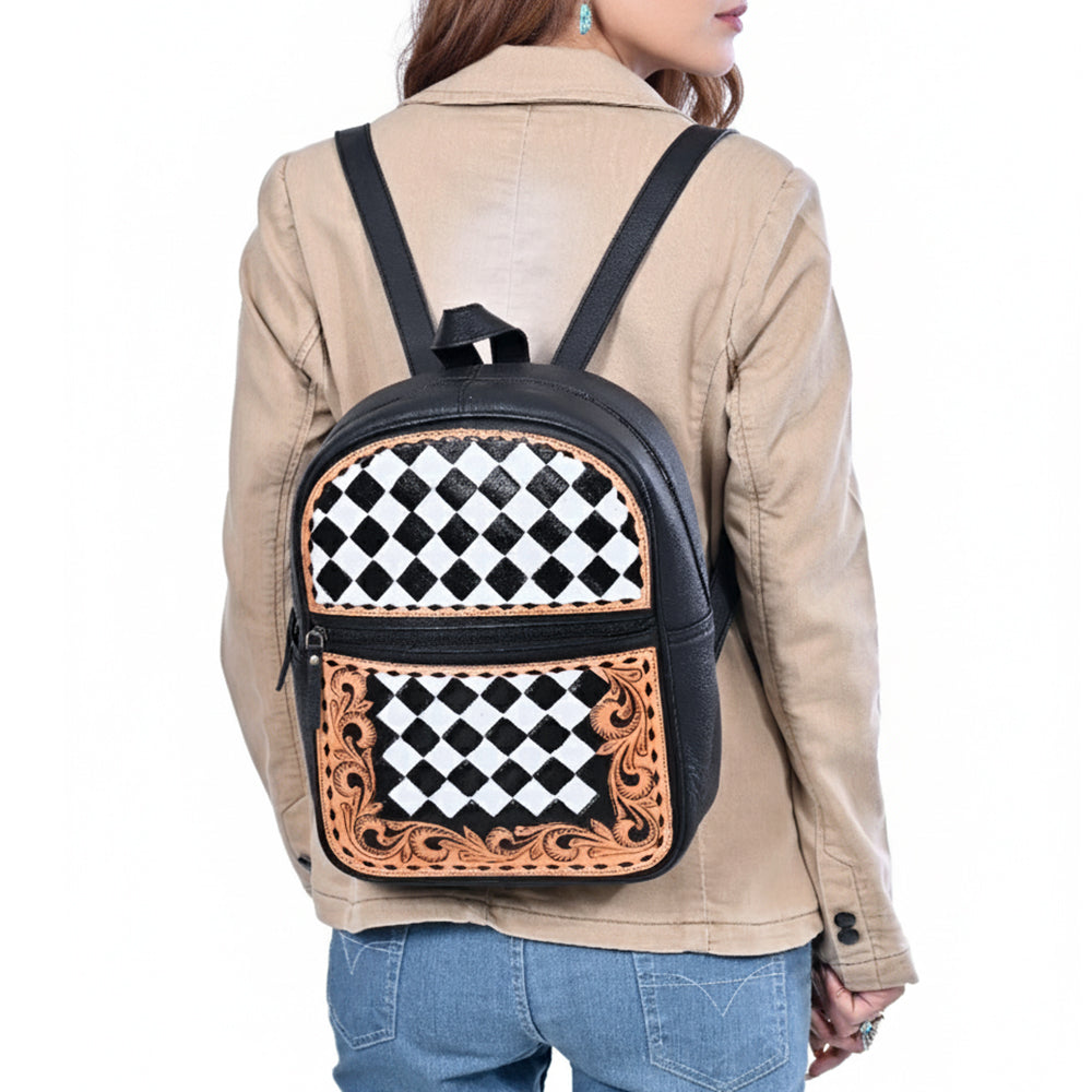 OHLAY Leather Backpack Hand-Tooled Floral Trim Black & White Checkered ...