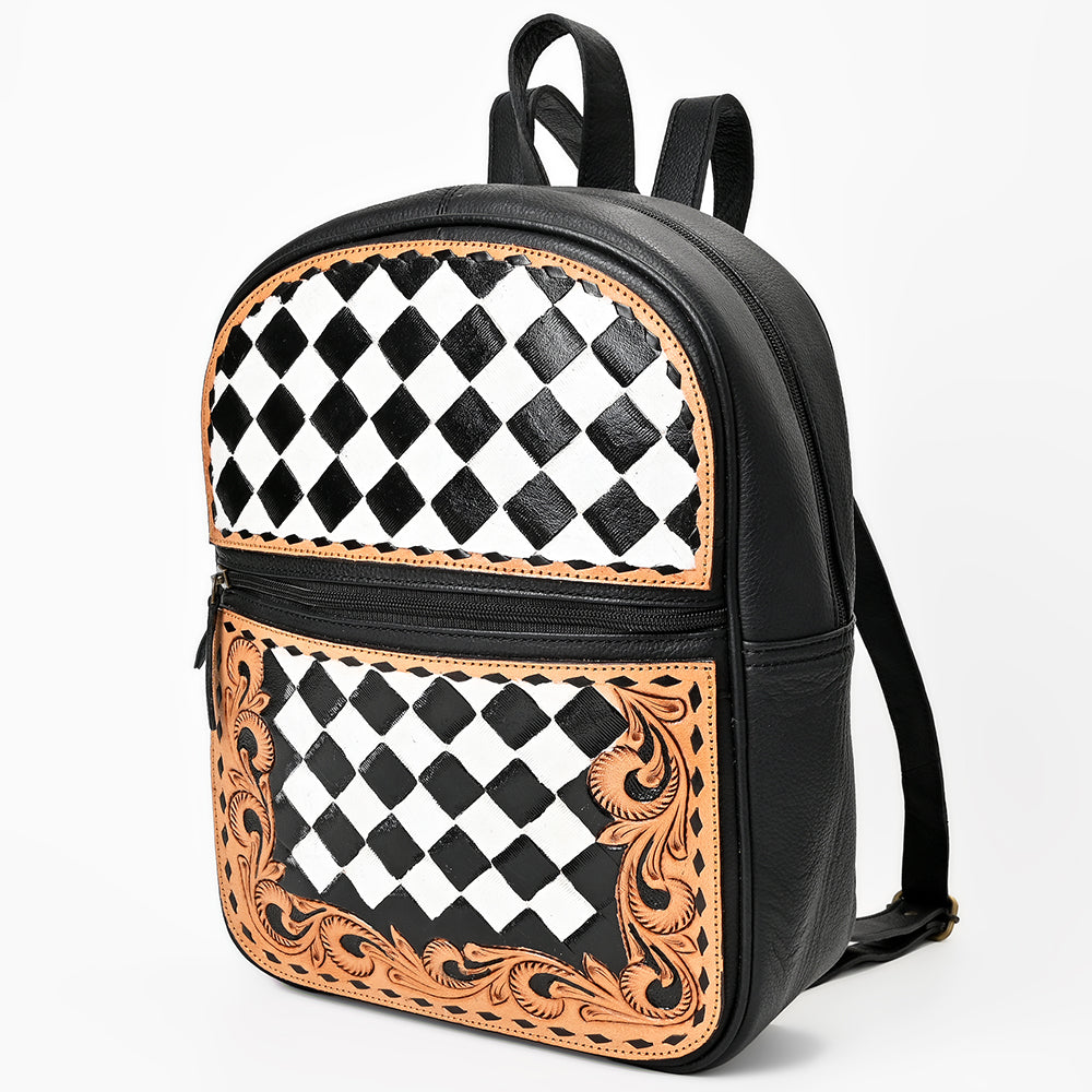 OHLAY Leather Backpack Hand-Tooled Floral Trim Black & White Checkered Panel