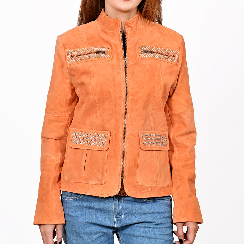 American Darling Women’s Suede Jacket Blazer Zip Front Studded Embellished Western Style Casual Coat Orange