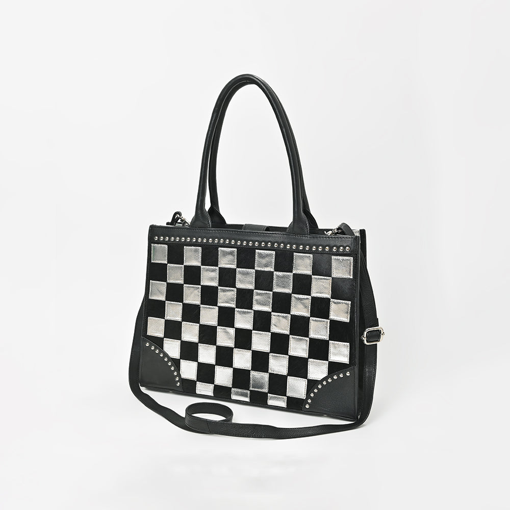 American Darling Black & Silver Checkered Leather Tote Bag with Studded Detail