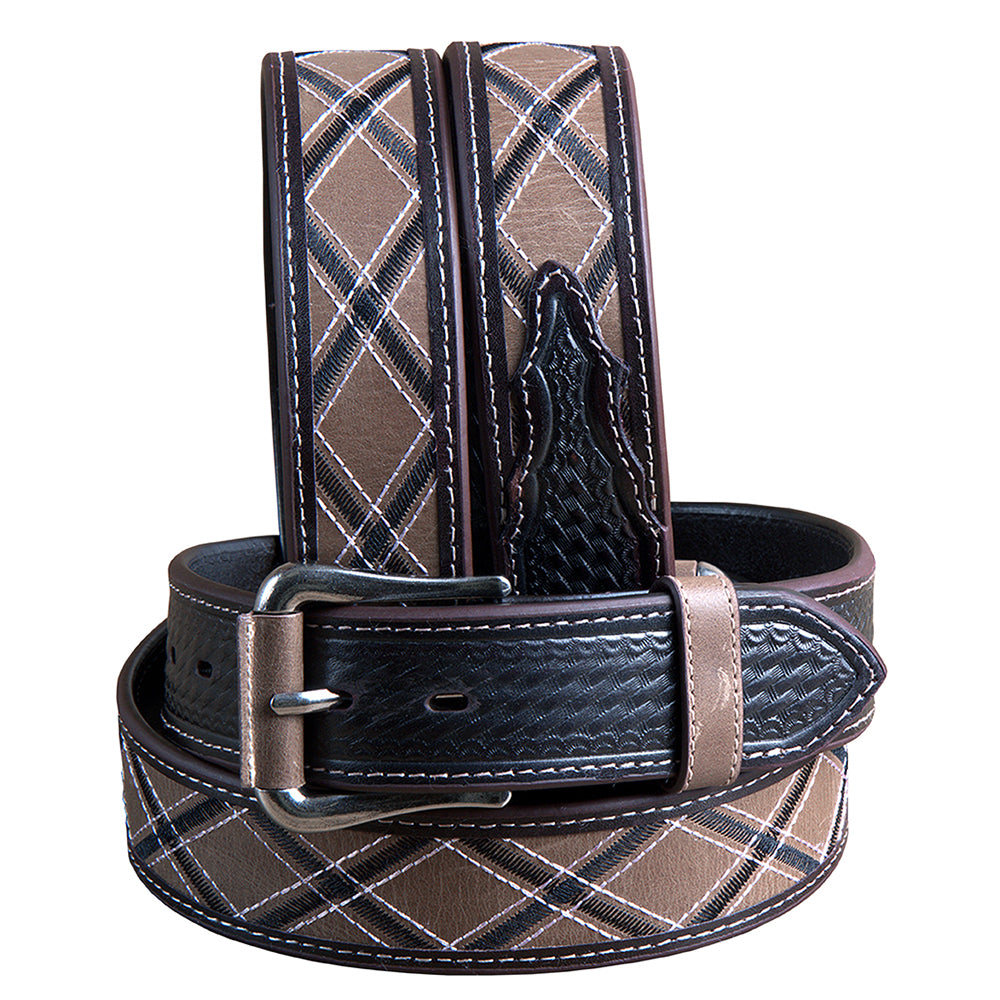 M&F Western Men's Black & Tan Argyle Pattern Belt Stitching & Silver Buckle