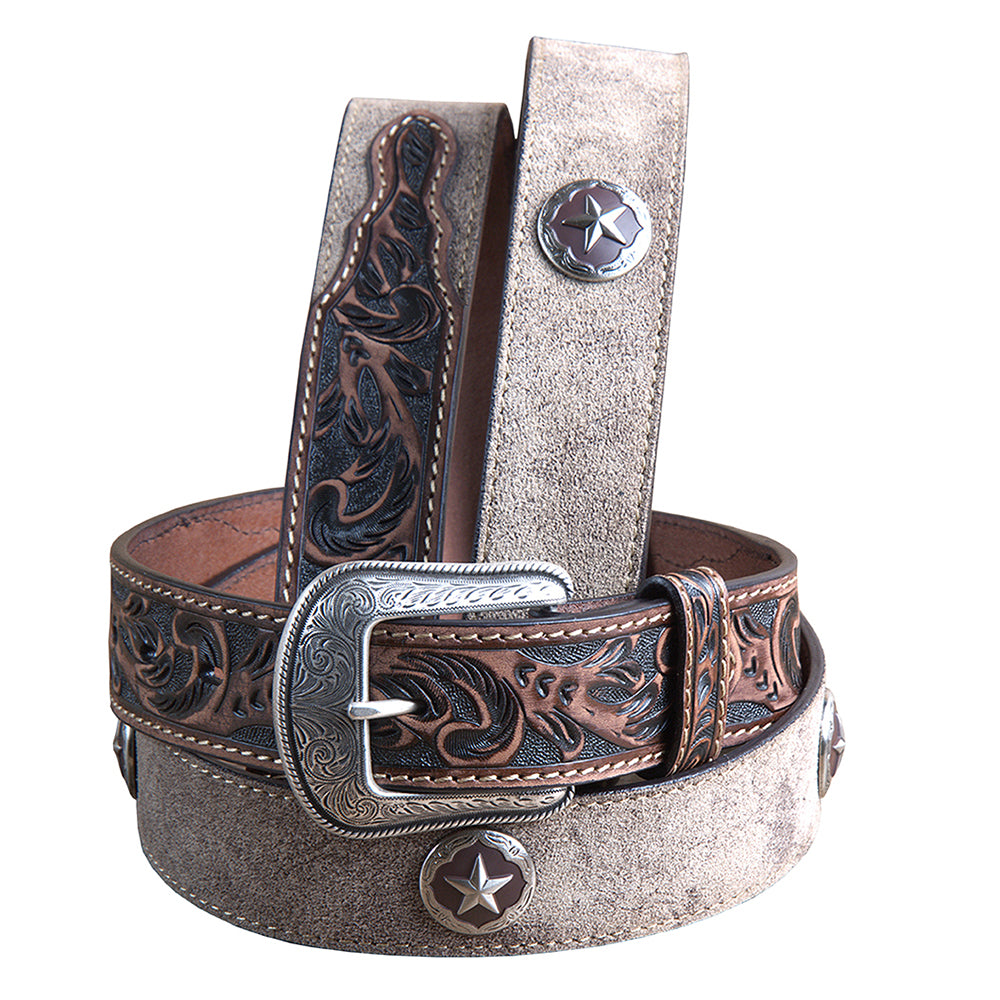 M&F Western Men's Tooled Brown Tan Suede Western Belt Star Conchos Silver Buckle