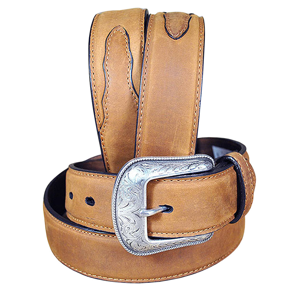Rugged Tan Full-Grain Leather Belt Feathered Edge & Removable Silver Buckle