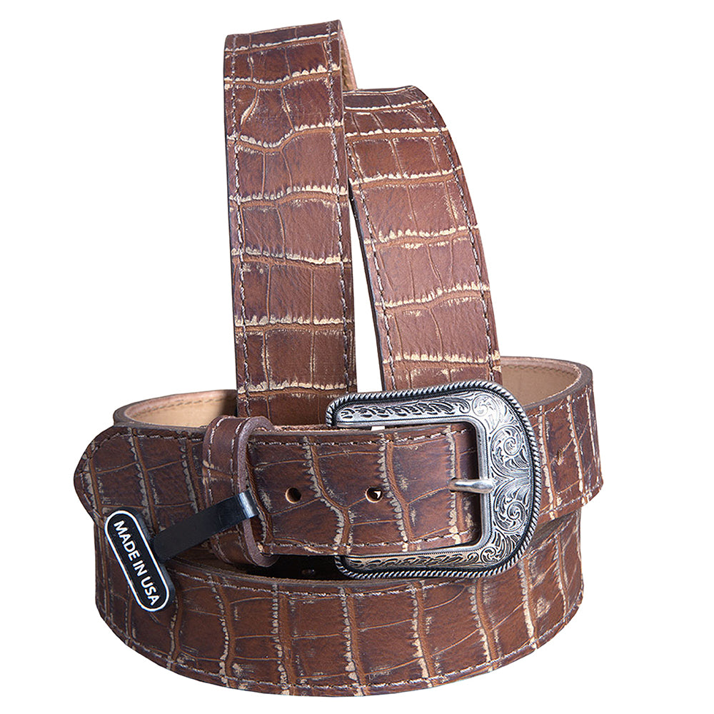 Vintage Brown Croc Print Leather Belt Single Stitch Engraved Silver Buckle