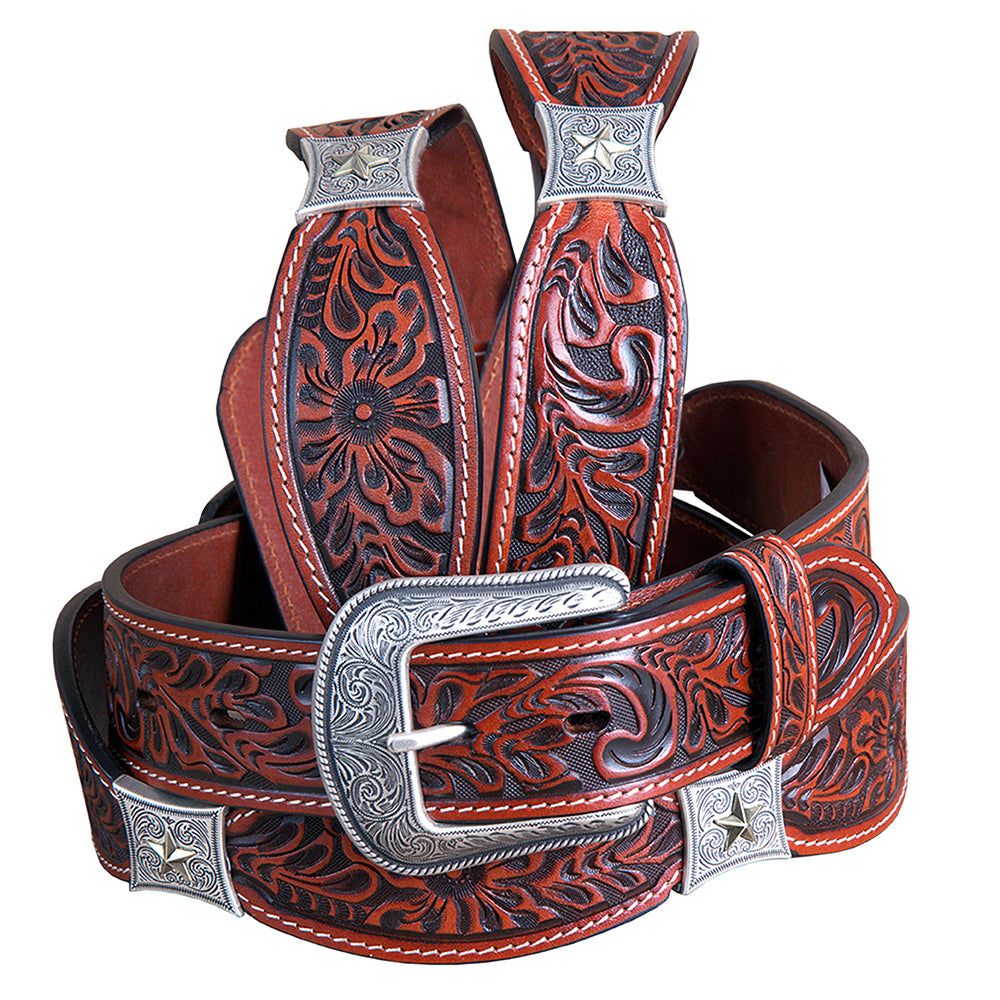 Cognac Brown Floral Embossed Full-Grain Leather Western Belt & Silver Buckle