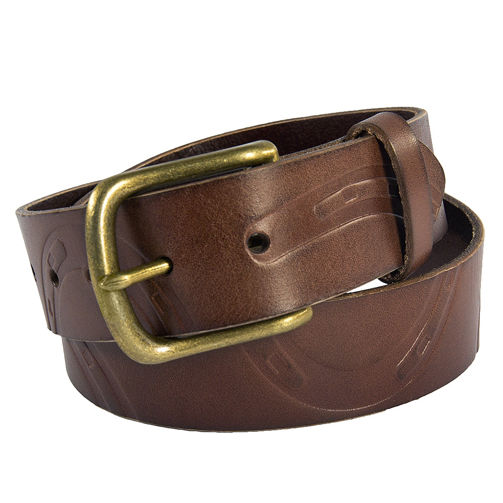 Noble Equestrian Ladies Pony Print Belt Genuine Leather Horseshoe Embossing & Removable Brass Buckle