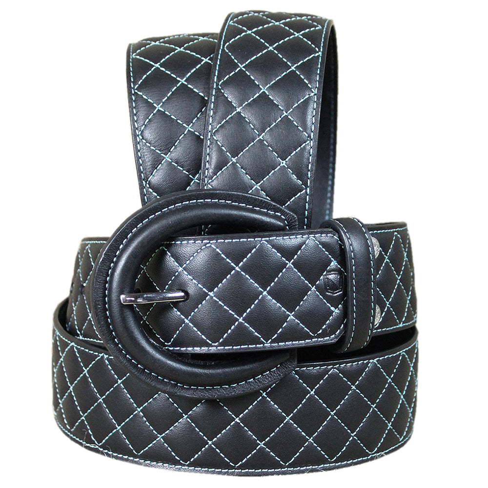 Noble Equestrian Classic Quilted Belt  2" Wide Full Grain Leather Contrast Stitching & Brass Hardware