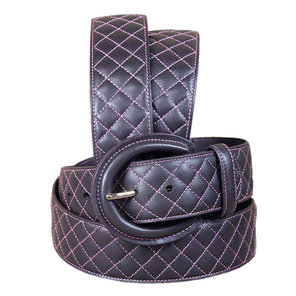 Noble Equestrian Classic Quilted Belt  2" Wide Full Grain Leather Contrast Stitching & Brass Hardware