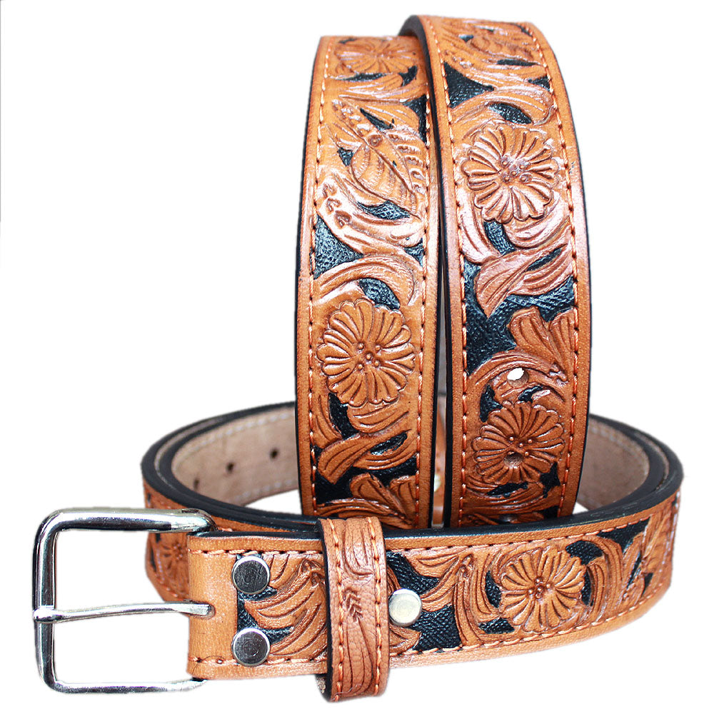 46 In HILASON Western Genuine Leather Hand Tooled Floral Carved Unisex Belt Tan