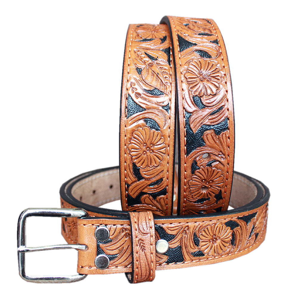 48 In HILASON Western Genuine Leather Hand Tooled Floral Carved Unisex Belt Tan