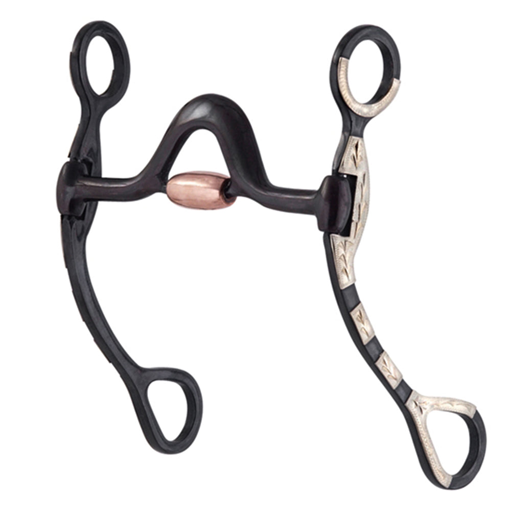 HILASON Black Steel Horse Show Bit 5-1/8" Medium Port w/ Copper Roller | 7-1/2" Engraved German Silver Cheeks | Western Horse Show Bit | Precision Control & Comfort