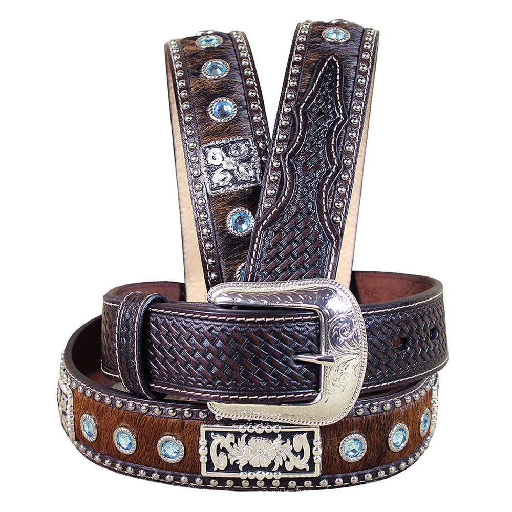 Dark Brown Tooled Leather & Hair-On Belt Blue Crystals Basketweave Silver Buckle