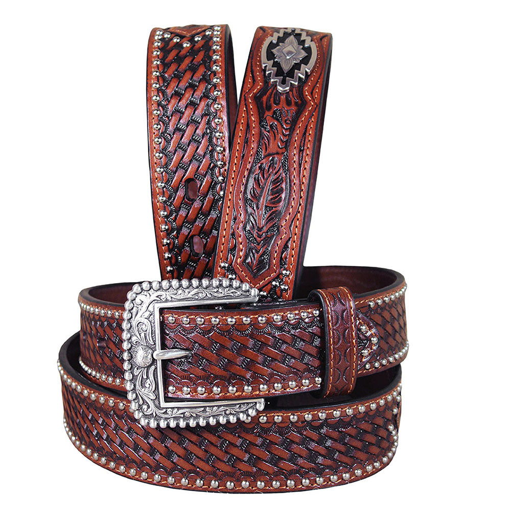 Ariat Men Full Grain Leather Western Belt Hand Tooled Basketweave Concho Accents