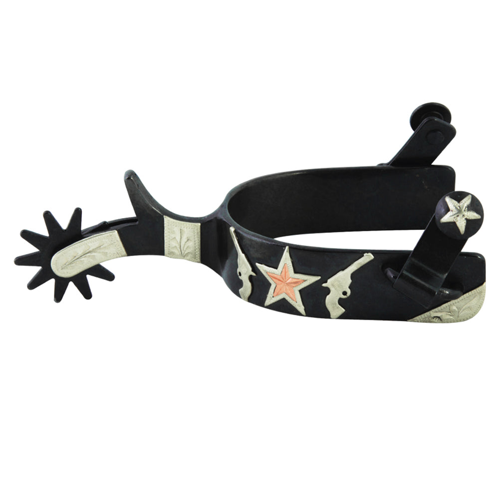 Western Spur Mens Black 2-1/4" Shank 1" Band Double Shooters Gold/Silver Trim