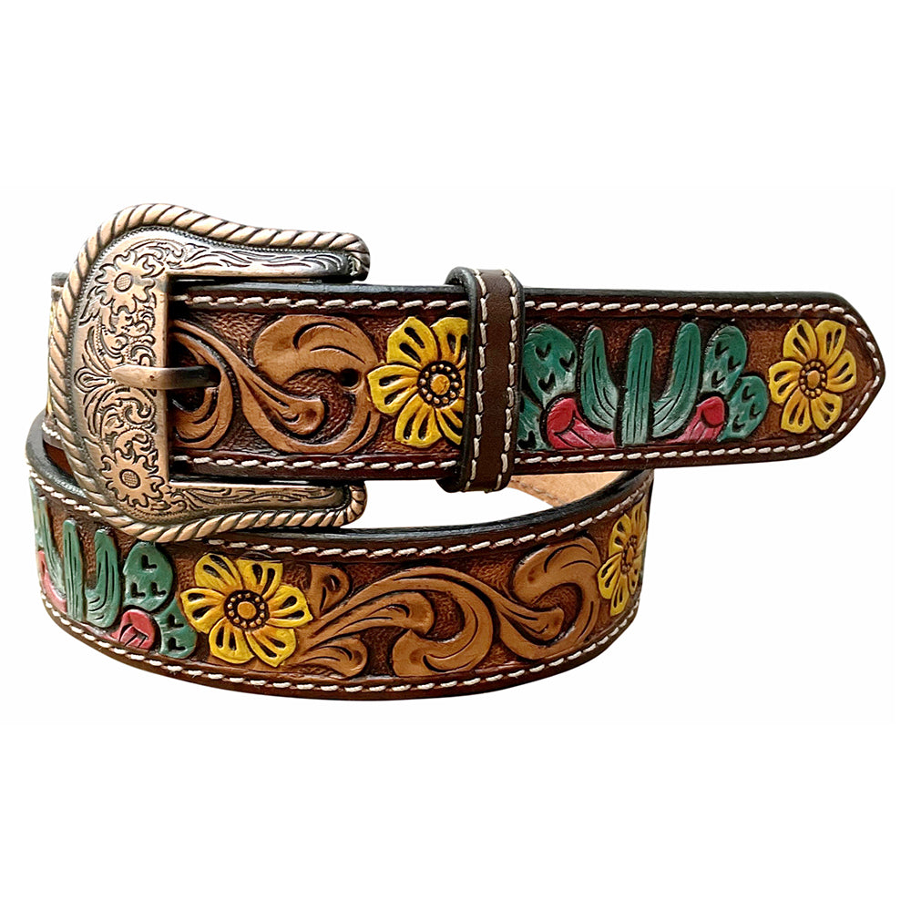 BAR H EQUINE Brown Floral Sunflower Cactus Hand Painted Genuine Leather Men & Women Belt Unisex Western