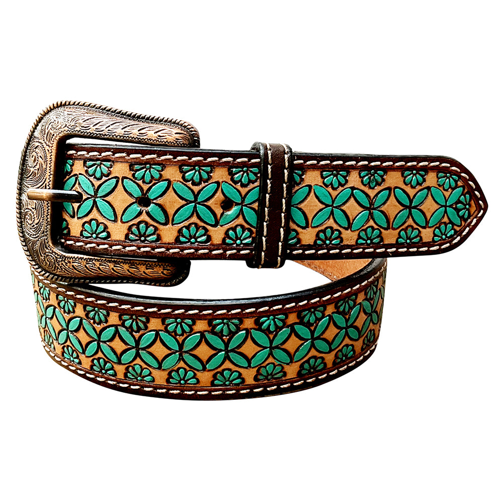 BAR H EQUINE Brown Turquoise Flower Hand Carved Fashion Premium Leather Belt Unisex Western
