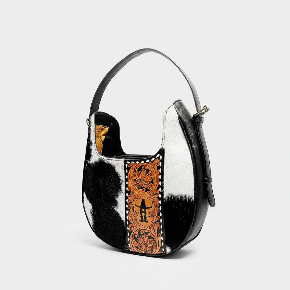 Laurel Spring Rodeo Genuine Hair On Leather hand tooled hobo bag Black & White | Houston Livestock Show & Rodeo