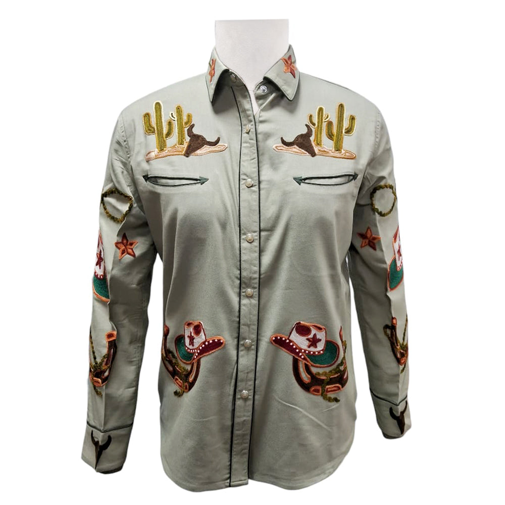 American Darling Olive Green Embroidered Western Shirt – Cotton Lycra Desert Cactus & Cowboy Top