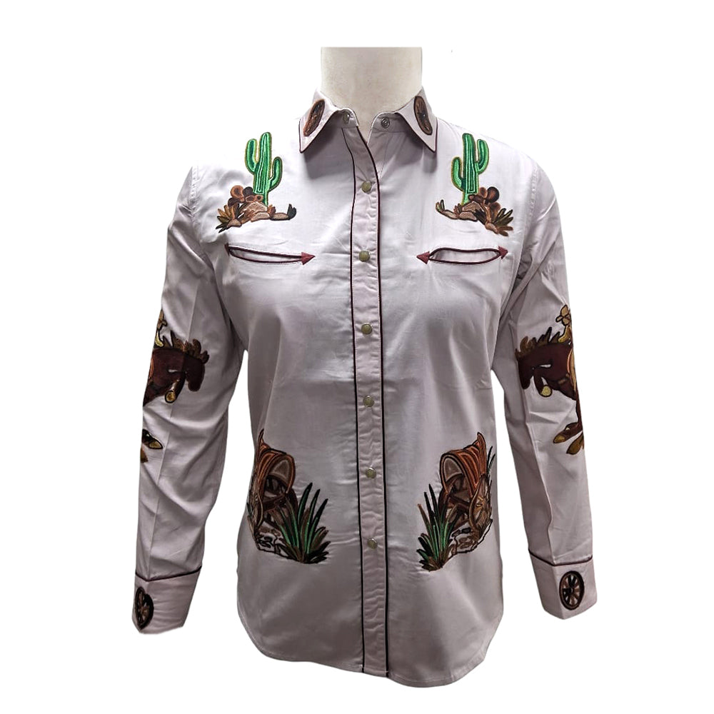 American Darling White Embroidered Western Shirt – Cotton Twill Rodeo Wagon & Bronco Top