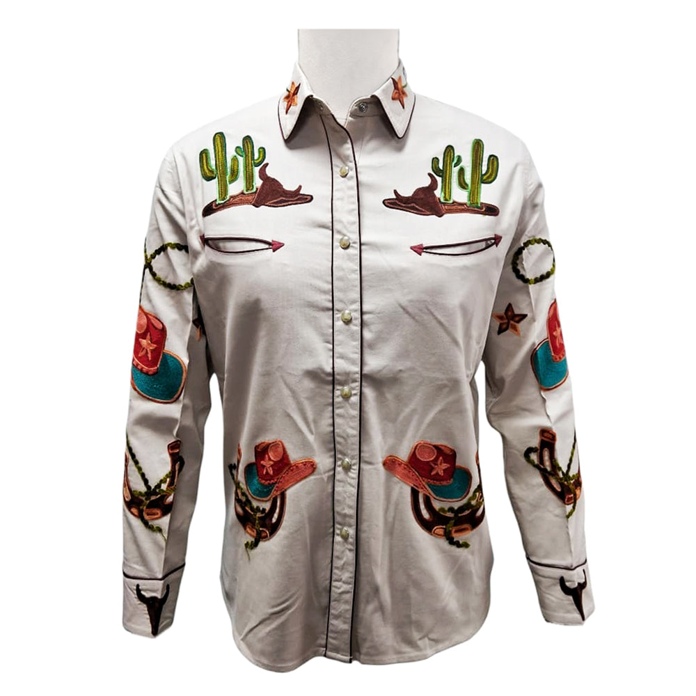 American Darling Olive Green Embroidered Western Shirt – Cotton Lycra Desert Cactus & Cowboy Top